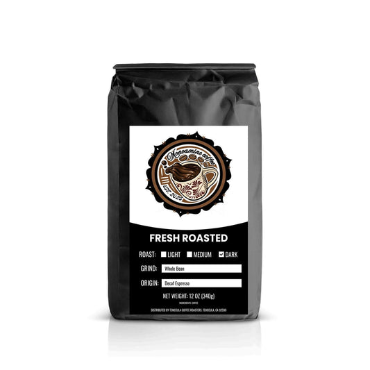 Fresh roasted whole bean coffee bag labeled Decaf Espresso, showcasing water-process decaf espresso.